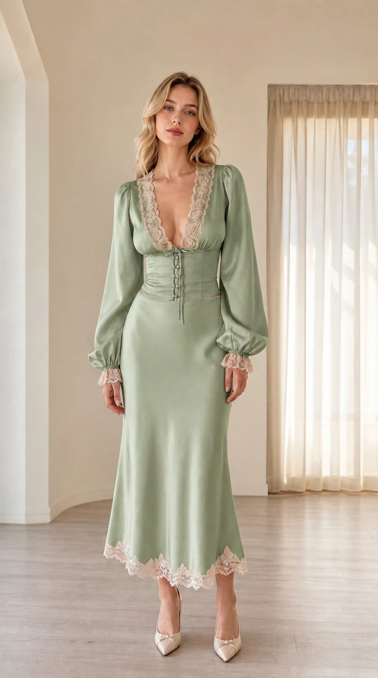 Full front view of woman wearing sage green satin lace-trim two-piece midi set