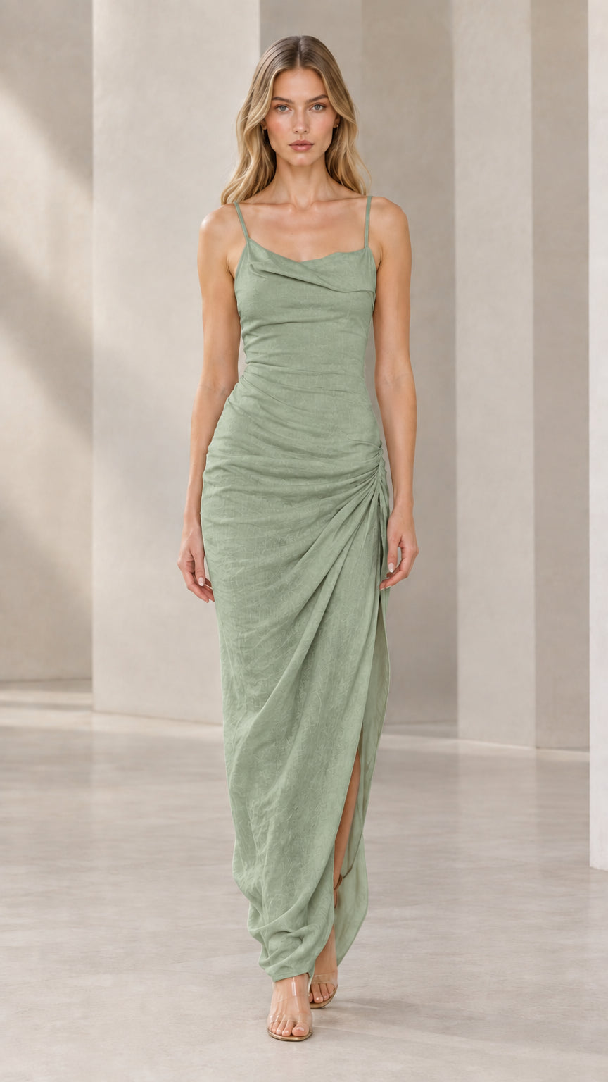 Front full-length view of model wearing sage green cowl neck ruched maxi slip dress