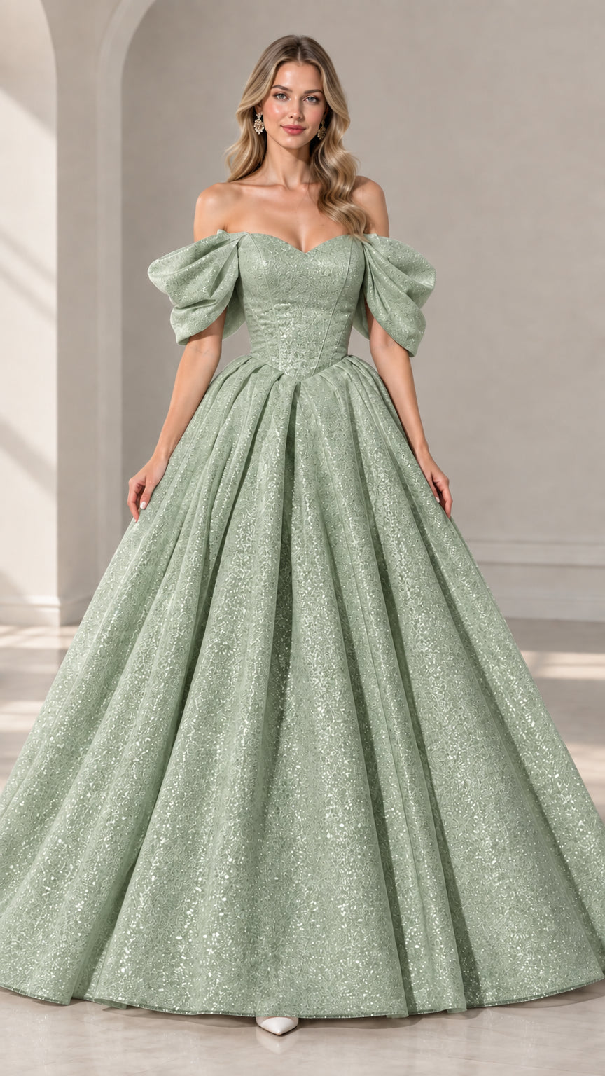 Full-length view of model in sage green off-shoulder glitter ball gown