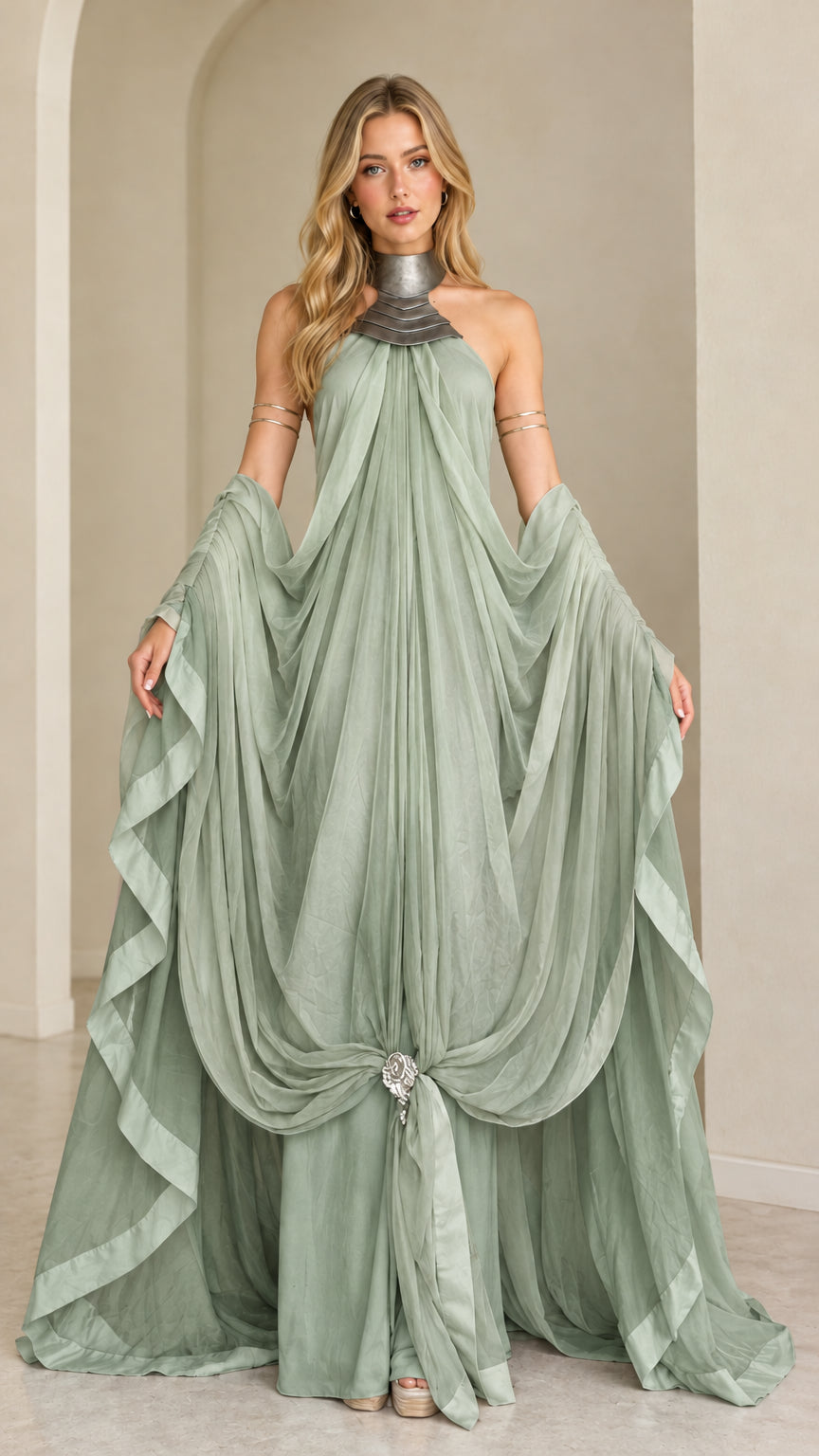 Front full view of draped halter maxi dress in sage green