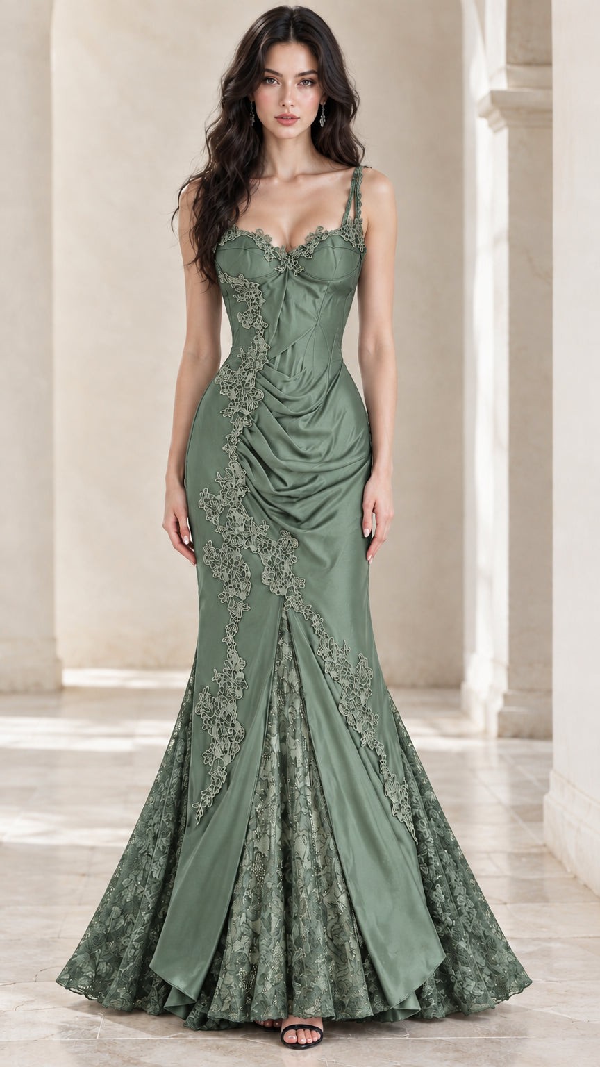 Front view of model wearing Sage Green embroidered lace satin mermaid gown