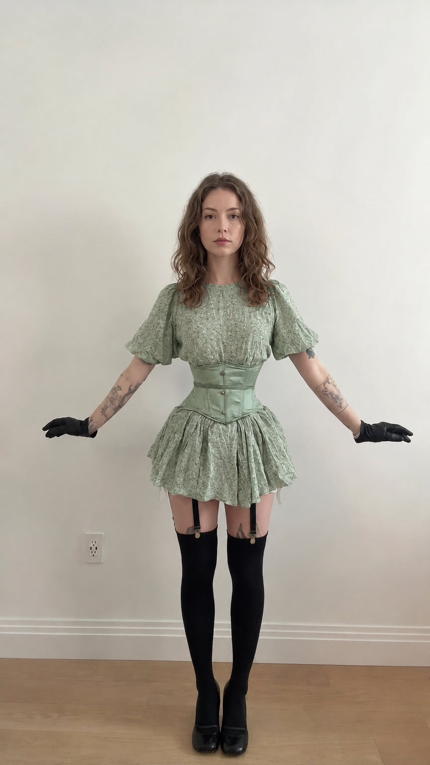 Front view of model wearing sage green floral puff sleeve mini dress with green corset belt