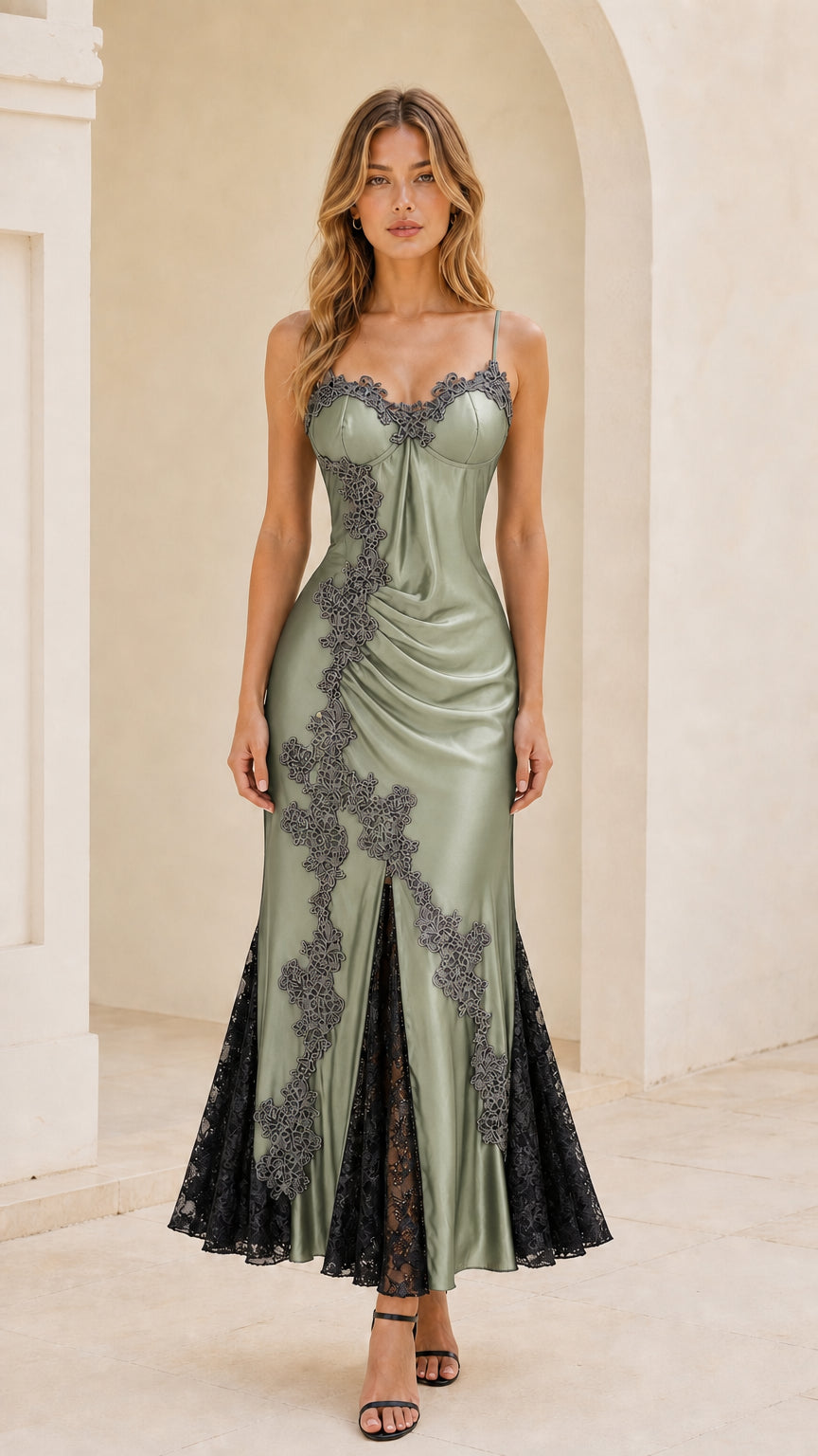 Sage green satin maxi dress with lace appliqué