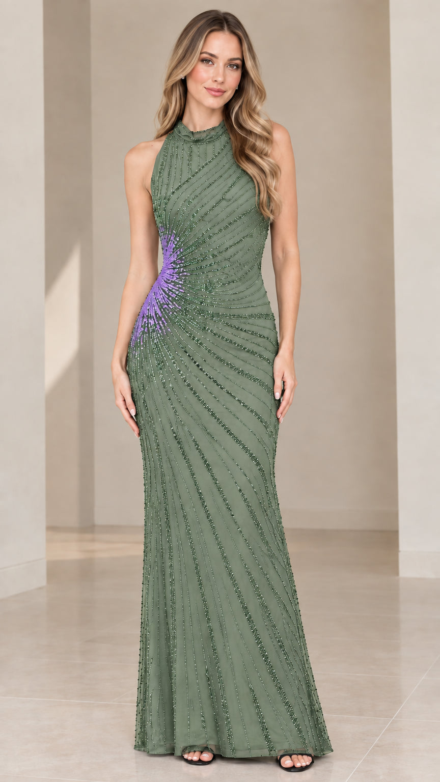 Front full view of sage green halter beaded maxi evening dress with purple accent