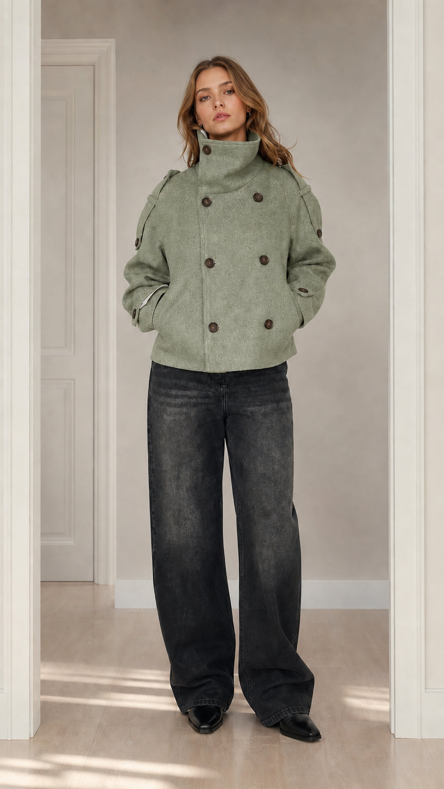 Front view of woman wearing sage green double-breasted stand collar short wool coat