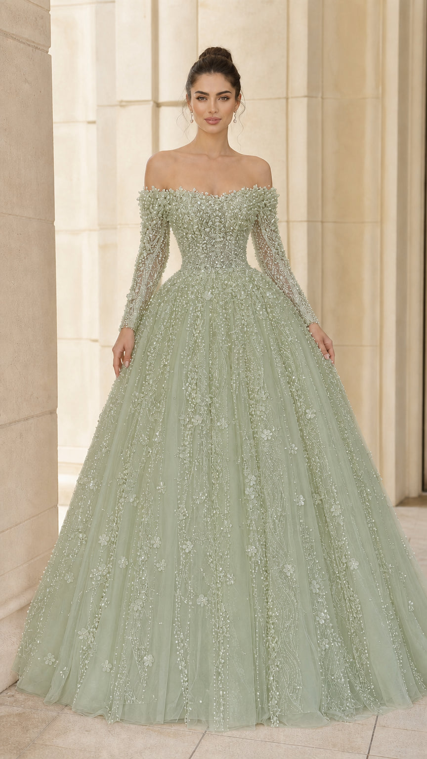 Front view of sage green off-the-shoulder beaded formal ball gown