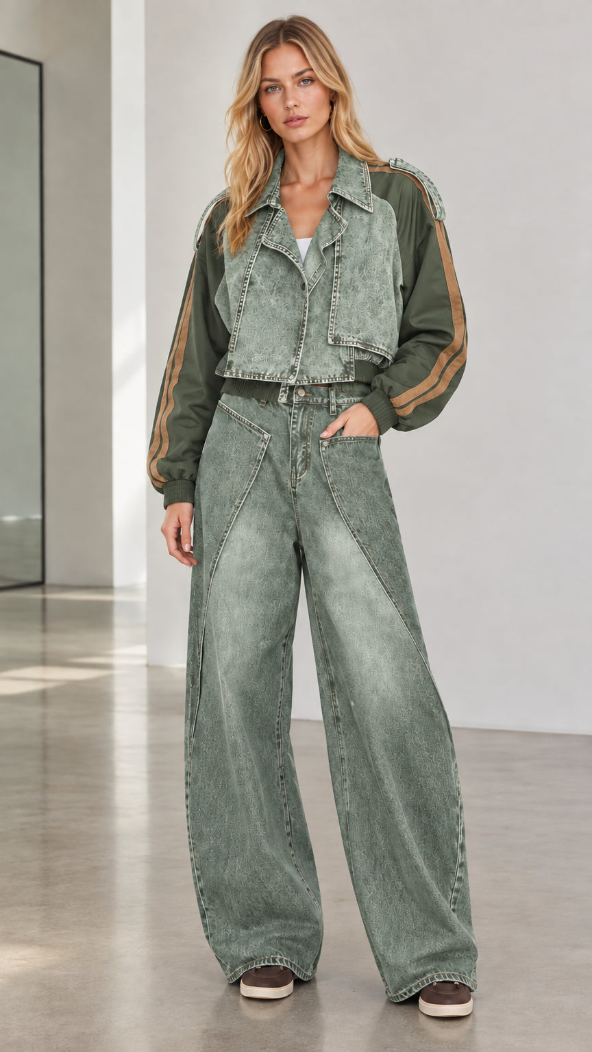 Model wearing sage green washed denim cropped jacket and wide-leg pants two-piece set