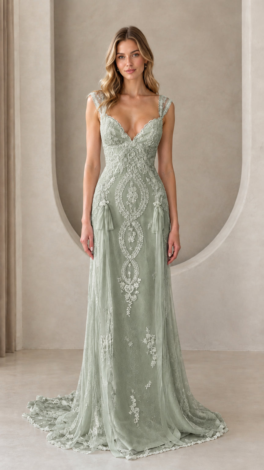 Full-length front view of model wearing sage green embroidered lace maxi evening gown