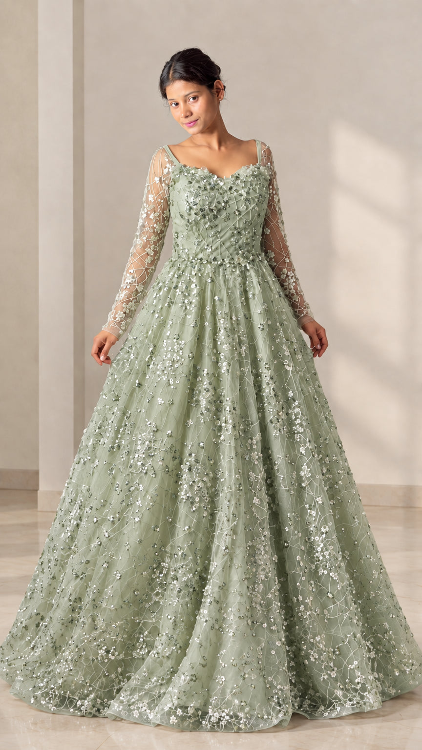Sage green sequin floral long sleeve evening dress front view