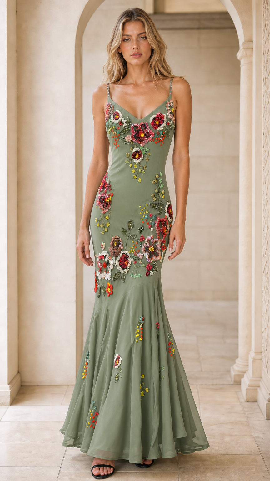 Sage green floral beaded spaghetti strap mermaid evening gown front view