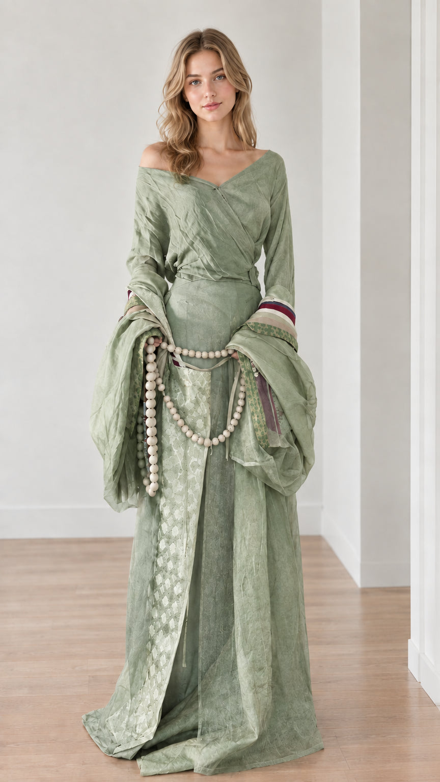 Sage green medieval fantasy maxi dress with draped sleeves and beaded waist chain
