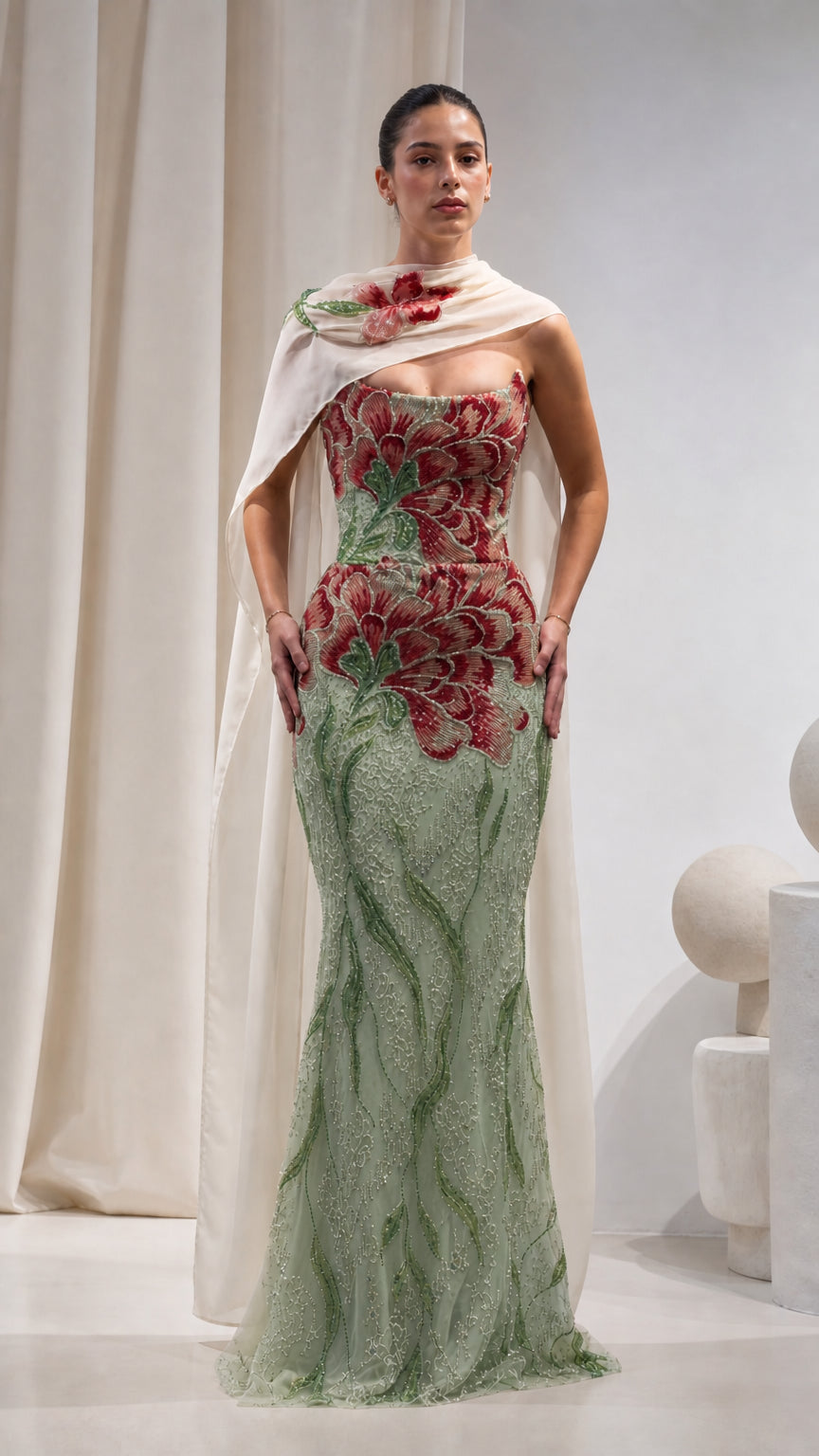 Sage Green floral sequin embellished mermaid gown with elegant cape