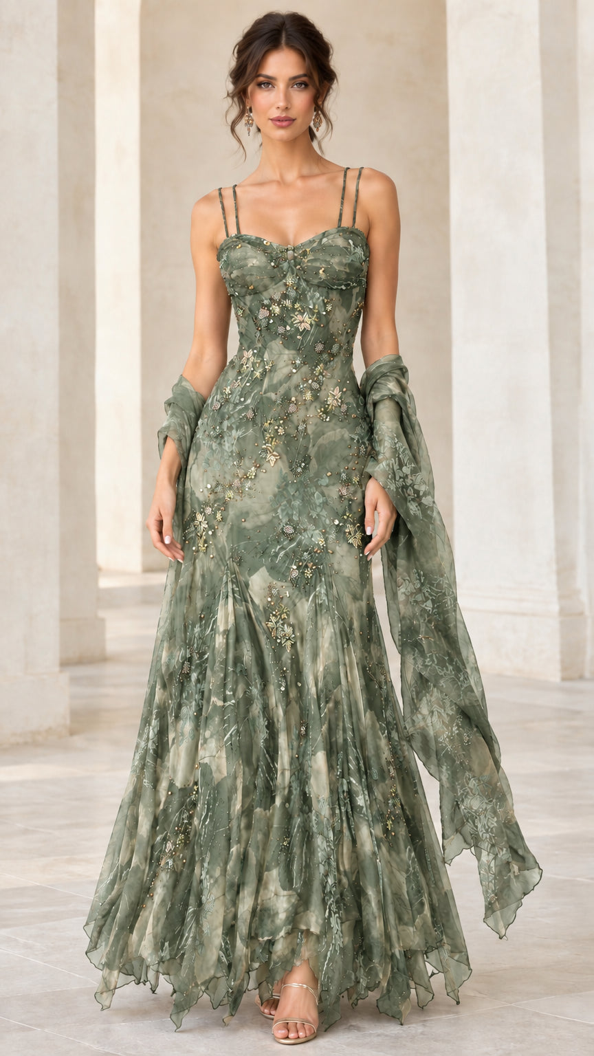 Front view of woman wearing sage green floral print evening maxi dress with matching wrap