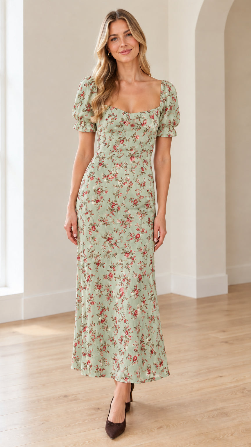 Sage green floral sweetheart puff sleeve maxi dress front view on model