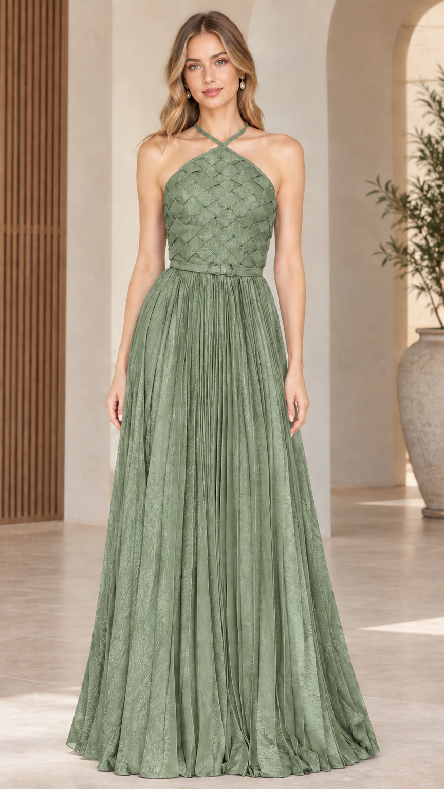 Front full-length view of Sage Green halter neck woven bodice pleated maxi evening dress