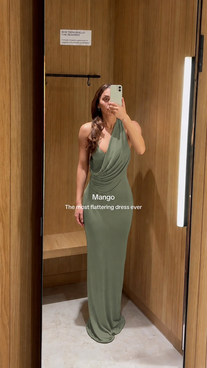 Front view of sage green cowl neck halter maxi dress on model