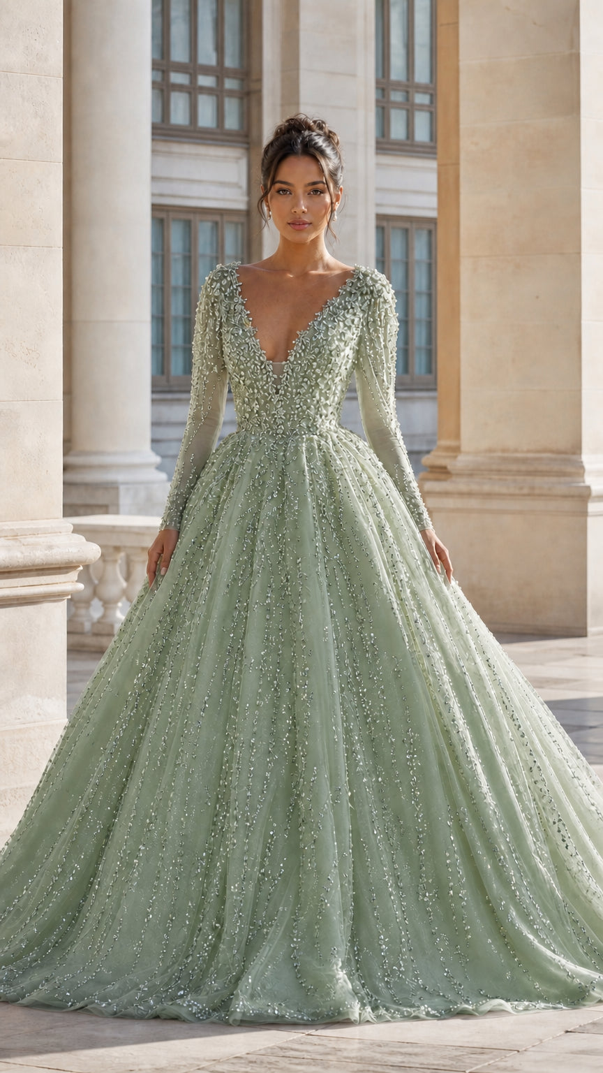 Sage green long sleeve beaded V-neck floor-length tulle evening gown