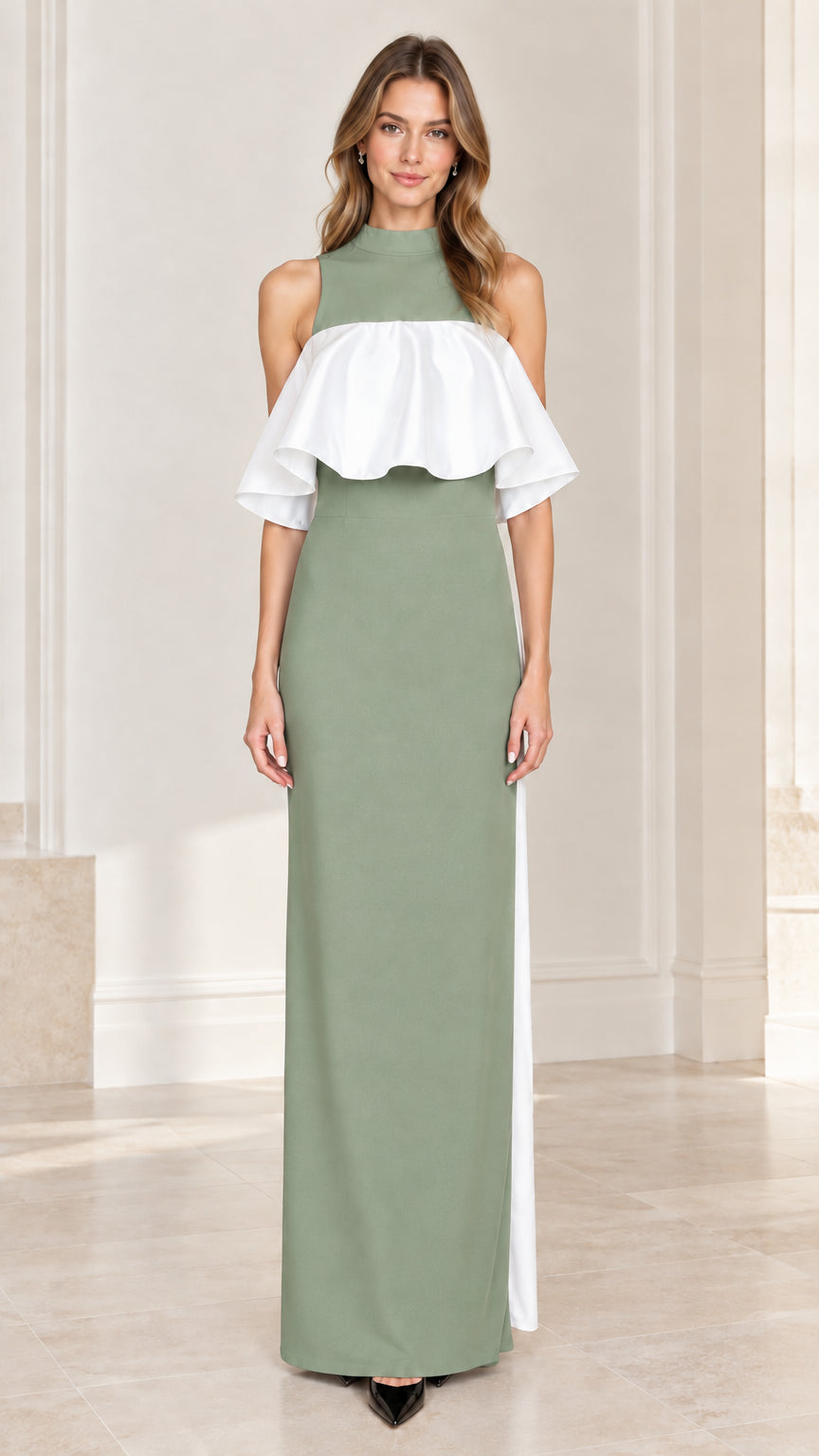 Front view of model wearing sage green high neck column maxi dress with white ruffle overlay