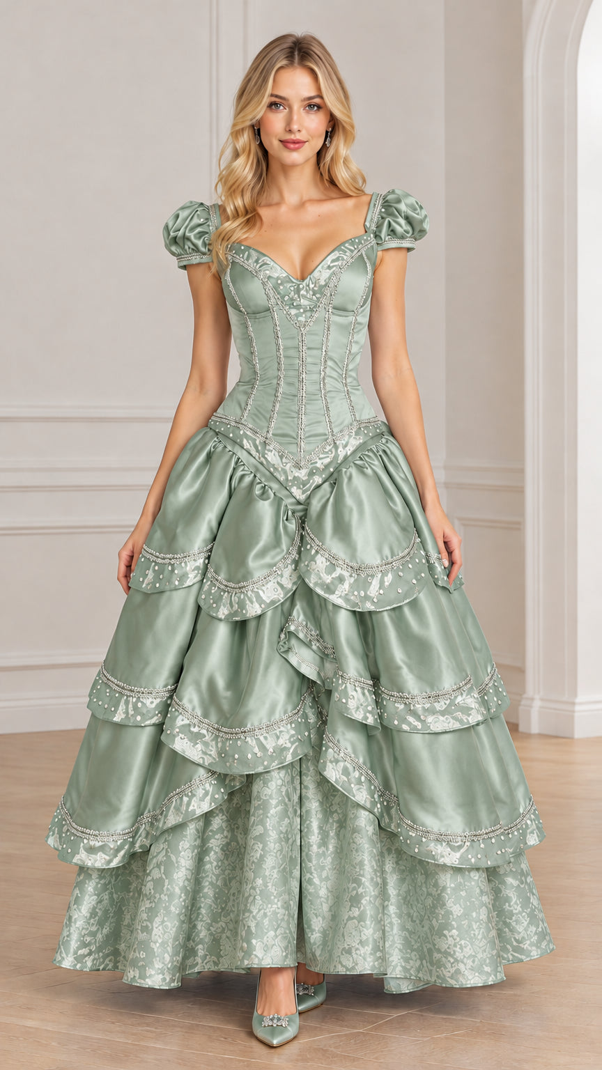 Model wearing sage green Victorian corset ball gown with puff sleeves