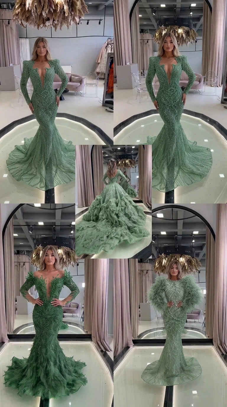 Collage of sage green embellished evening gown variations with mermaid skirts