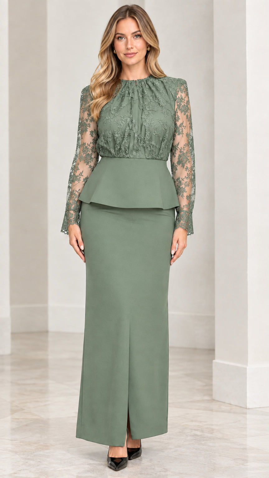 Model wearing sage green lace peplum long sleeve top and maxi skirt set