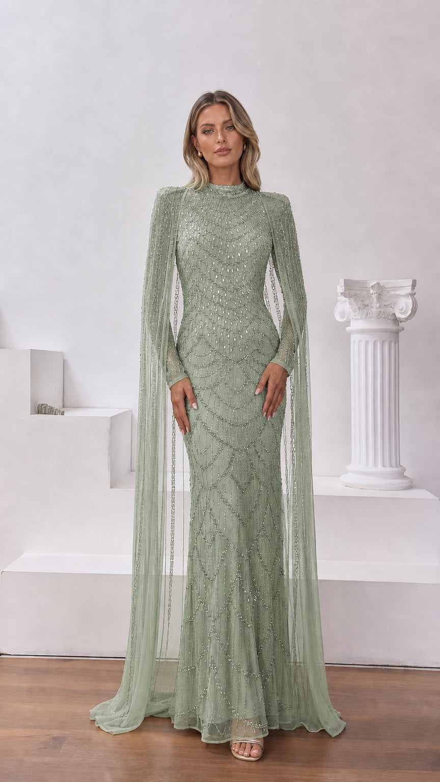 Sage green high-neck beaded evening gown with trailing cape sleeve extensions