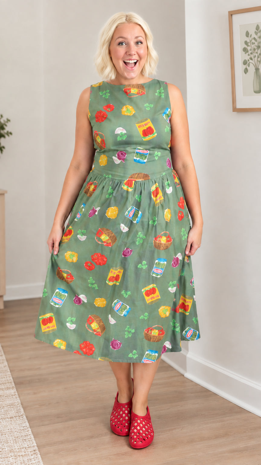 Sage Green vintage harvest print sleeveless A-line dress