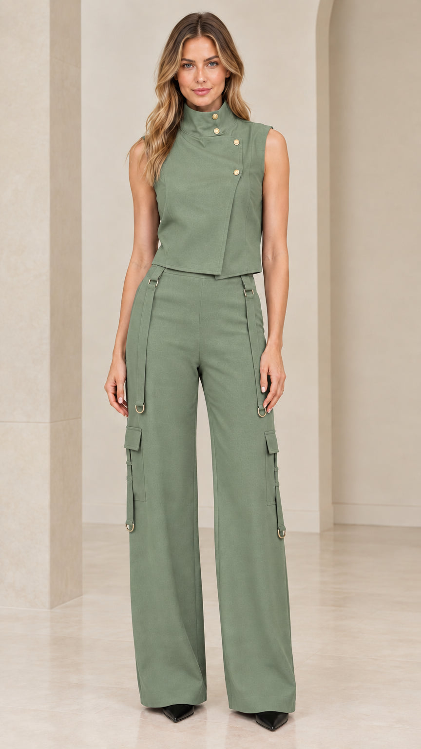 Front view of model wearing sage green sleeveless asymmetric vest and wide-leg cargo pants set
