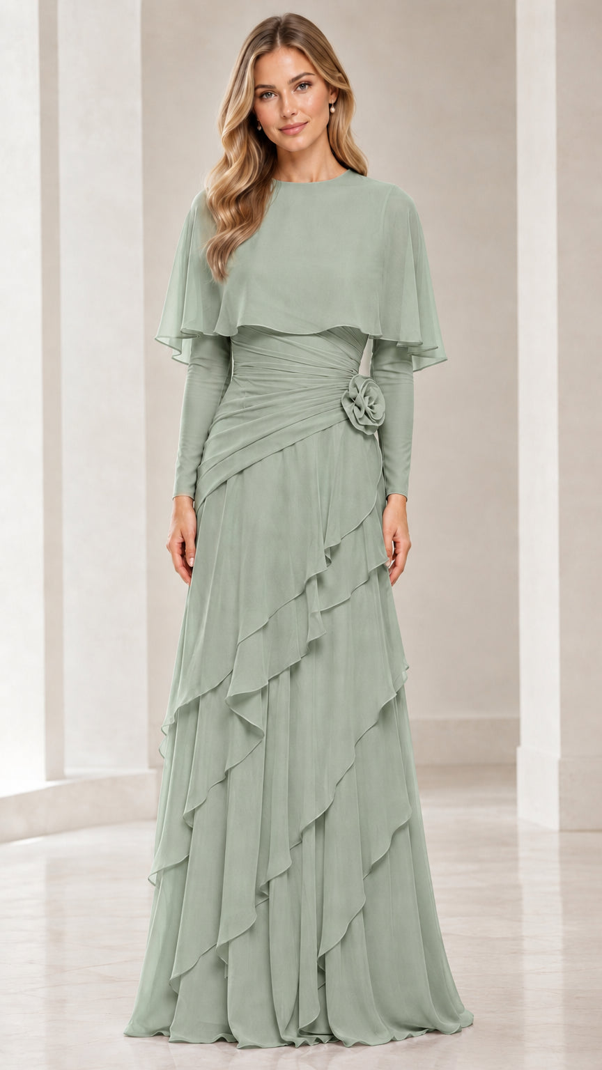 Sage green long-sleeve capelet tiered ruffle evening gown