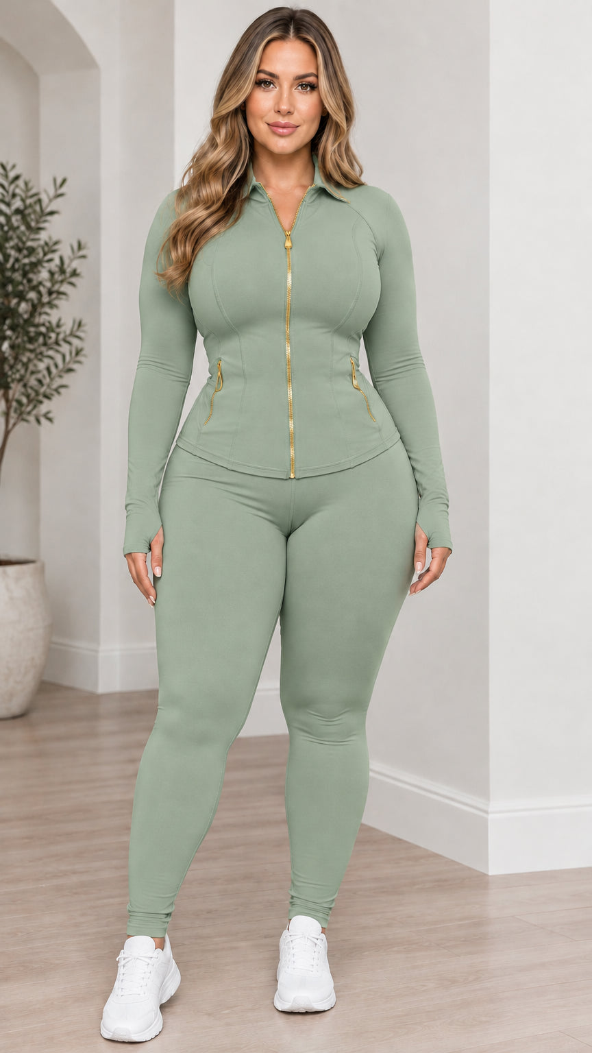 Front view of model wearing sage green zip-up activewear jacket and leggings set