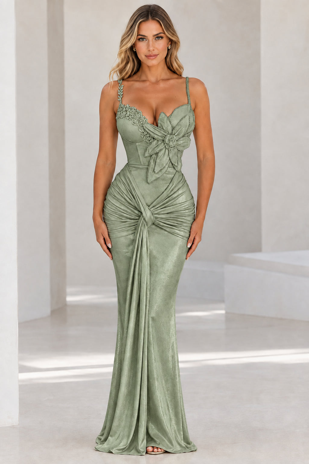 Sage green shimmer floor-length gown with floral corsage front view