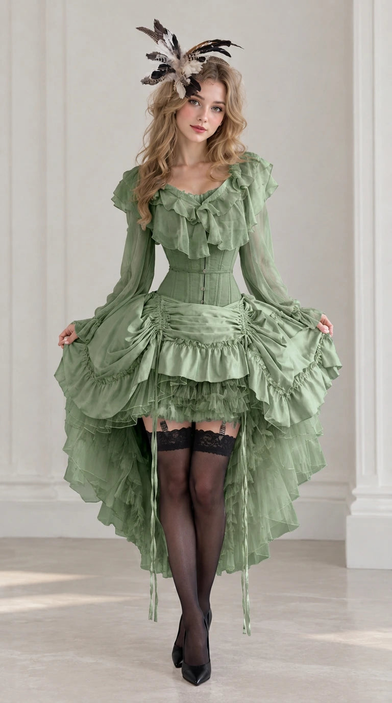 Full front view of model in sage green Victorian ruffled high-low corset dress