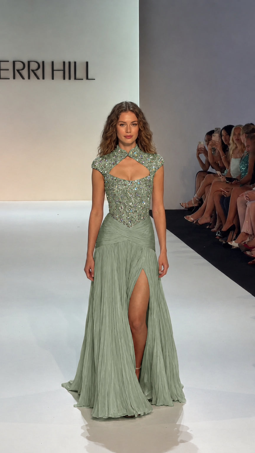 Sage green embellished formal dress with high neckline and accordion-pleated maxi skirt