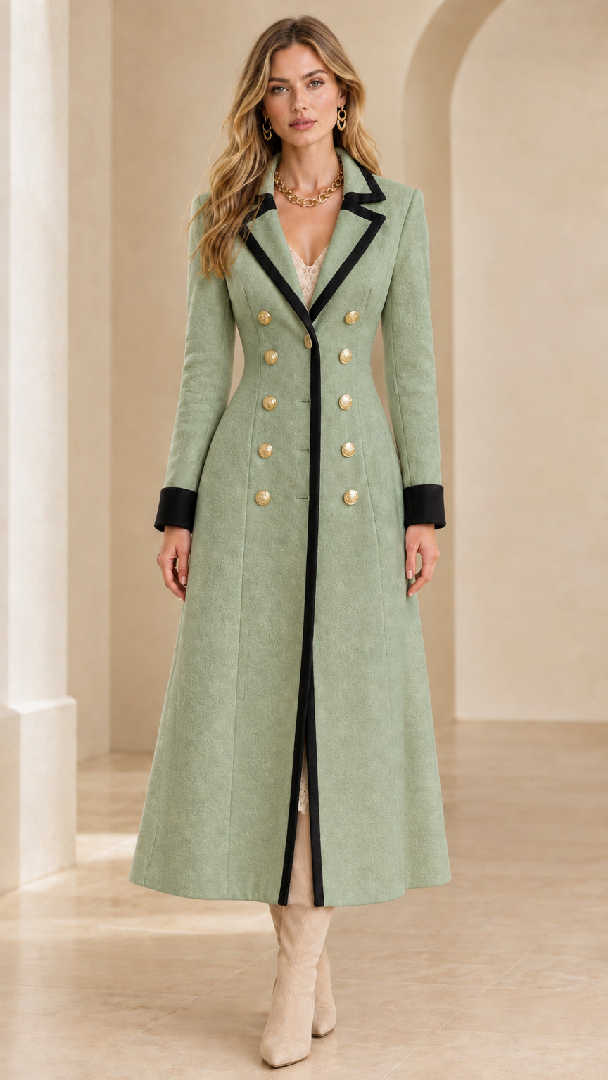 Front full-length view of sage green maxi coat with black contrast trim and gold buttons