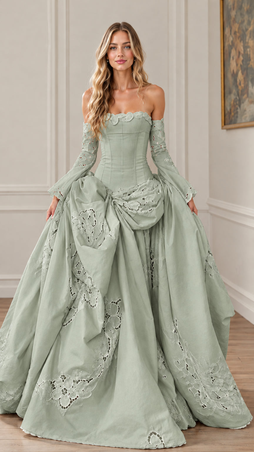 Front view of sage green off-the-shoulder corset ball gown with draped ballgown skirt