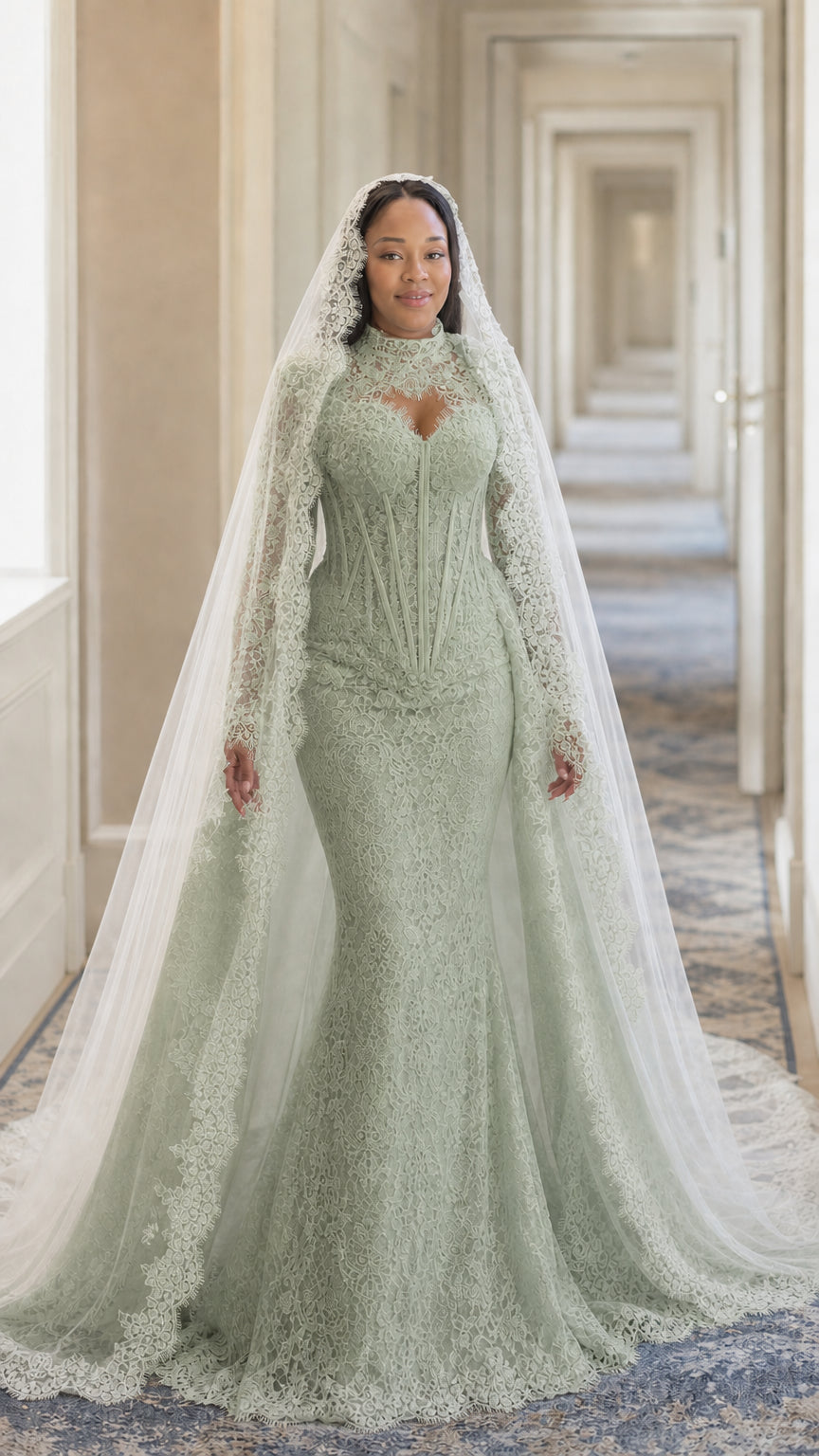 Sage green illusion lace evening gown with long sleeves and matching veil