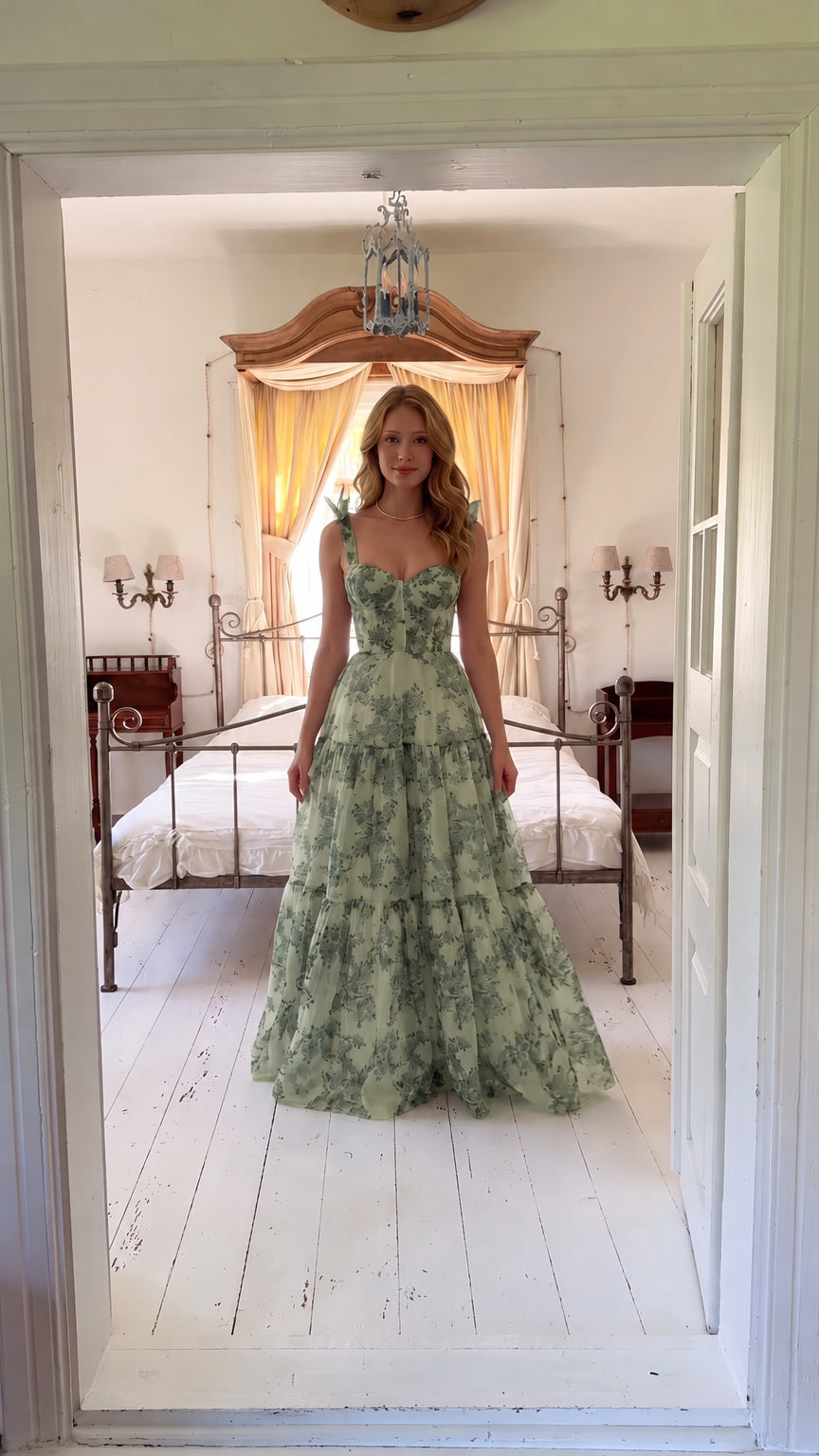 Front view of woman wearing sage green floral corset maxi dress with tiered skirt