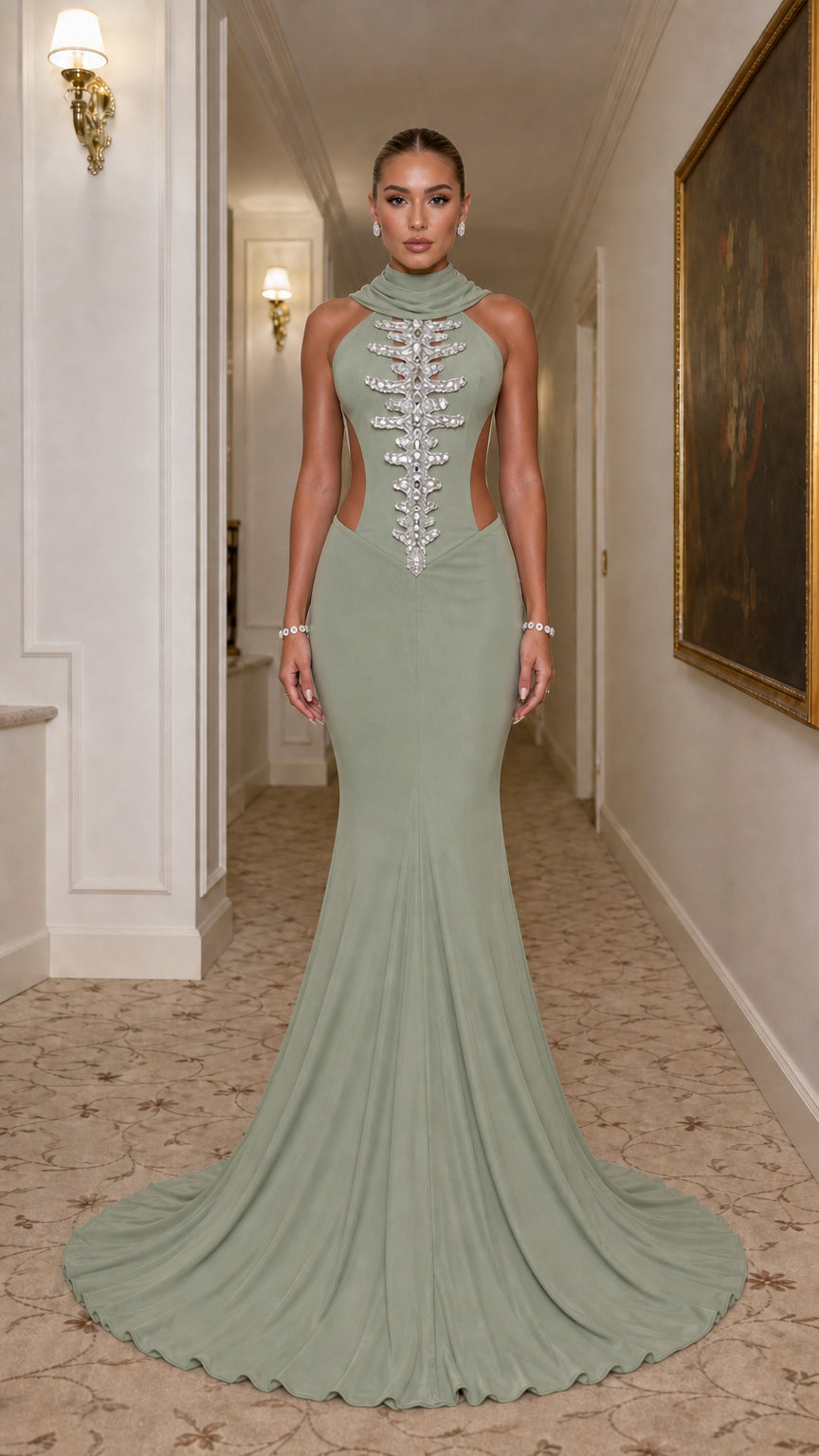 Front view of sage green high cowl neck formal maxi gown with crystal bodice applique