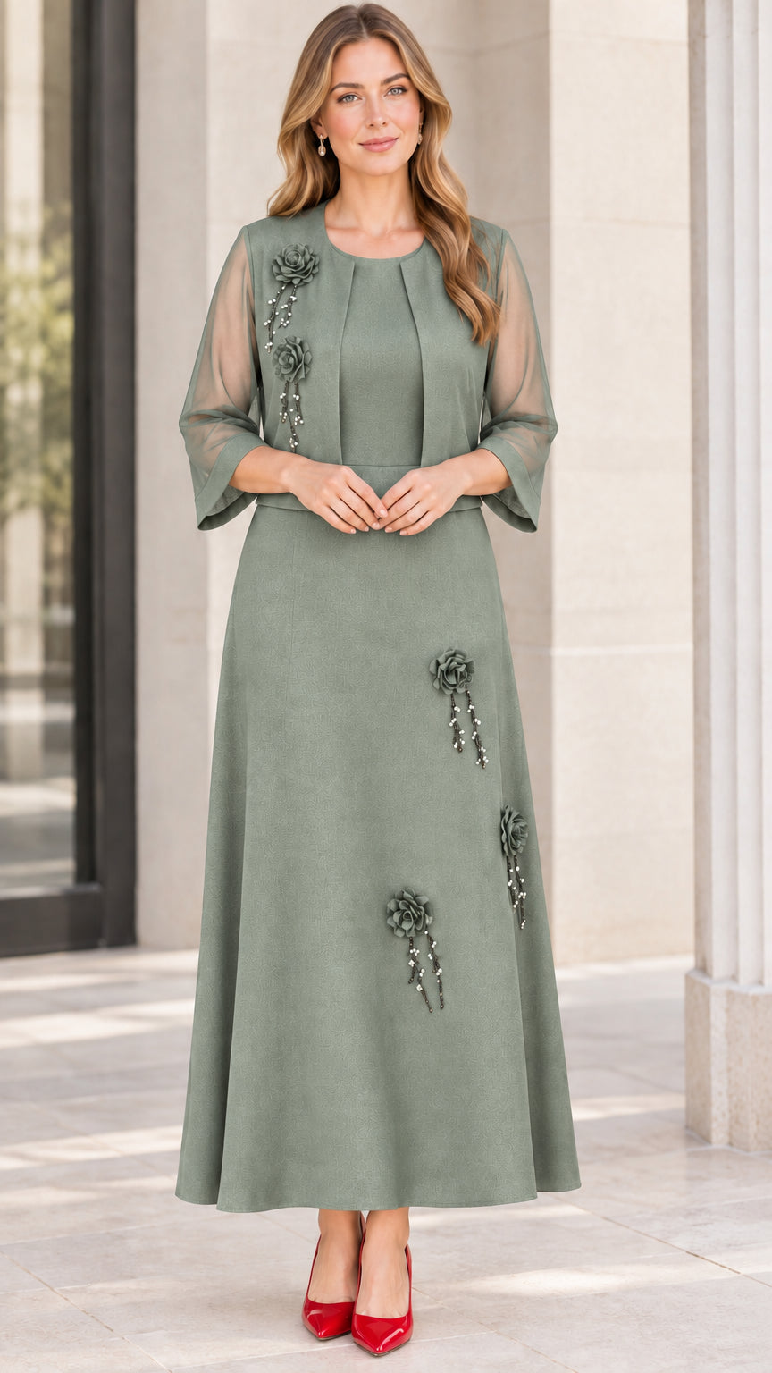 Sage green mother of the bride dress set with matching bolero jacket