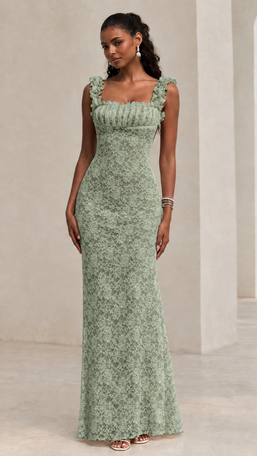 Sage green floral lace sleeveless maxi dress with ruffled straps on model front view
