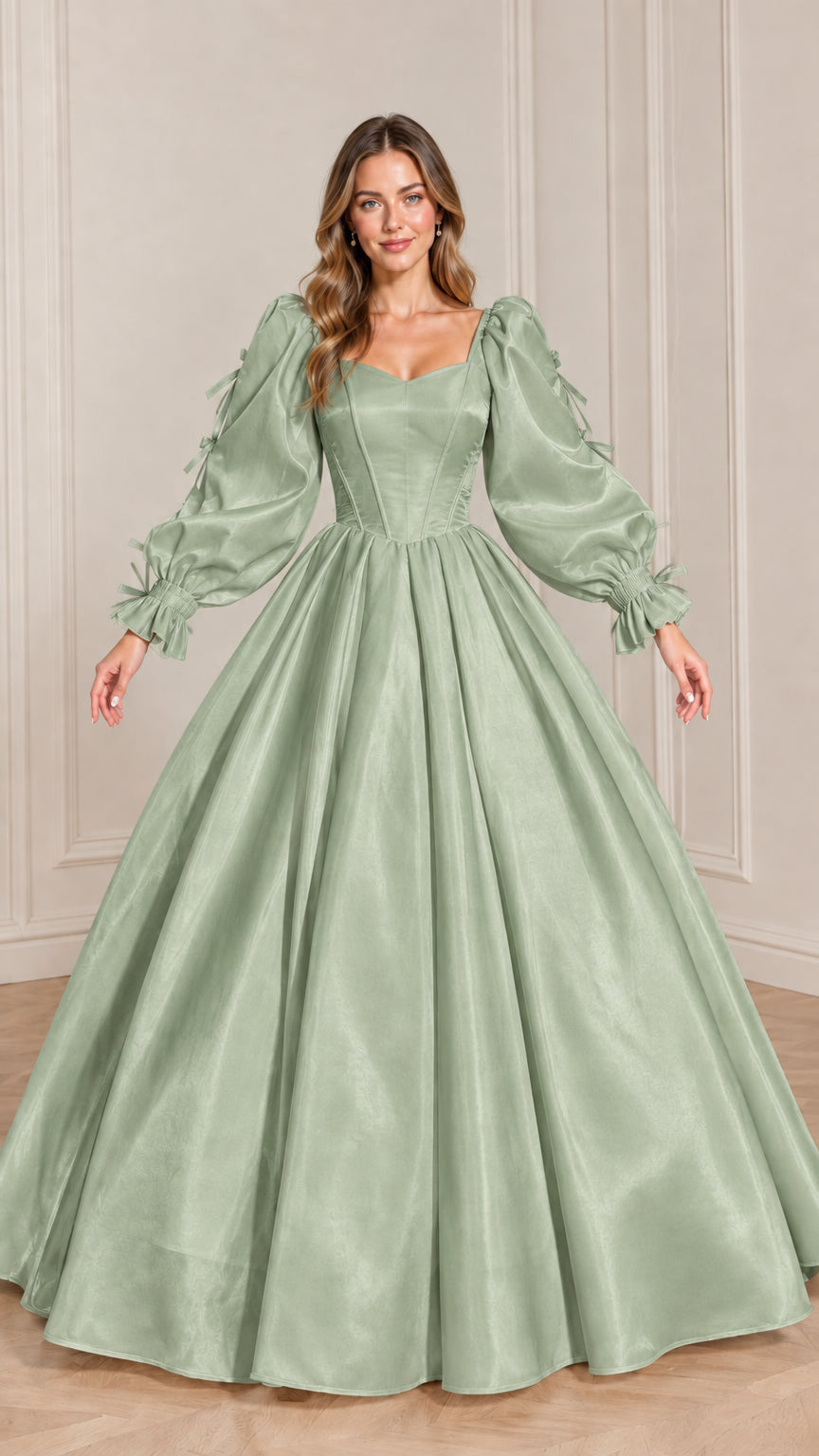 Full-length front view of sage green sweetheart corset ball gown with bow sleeves