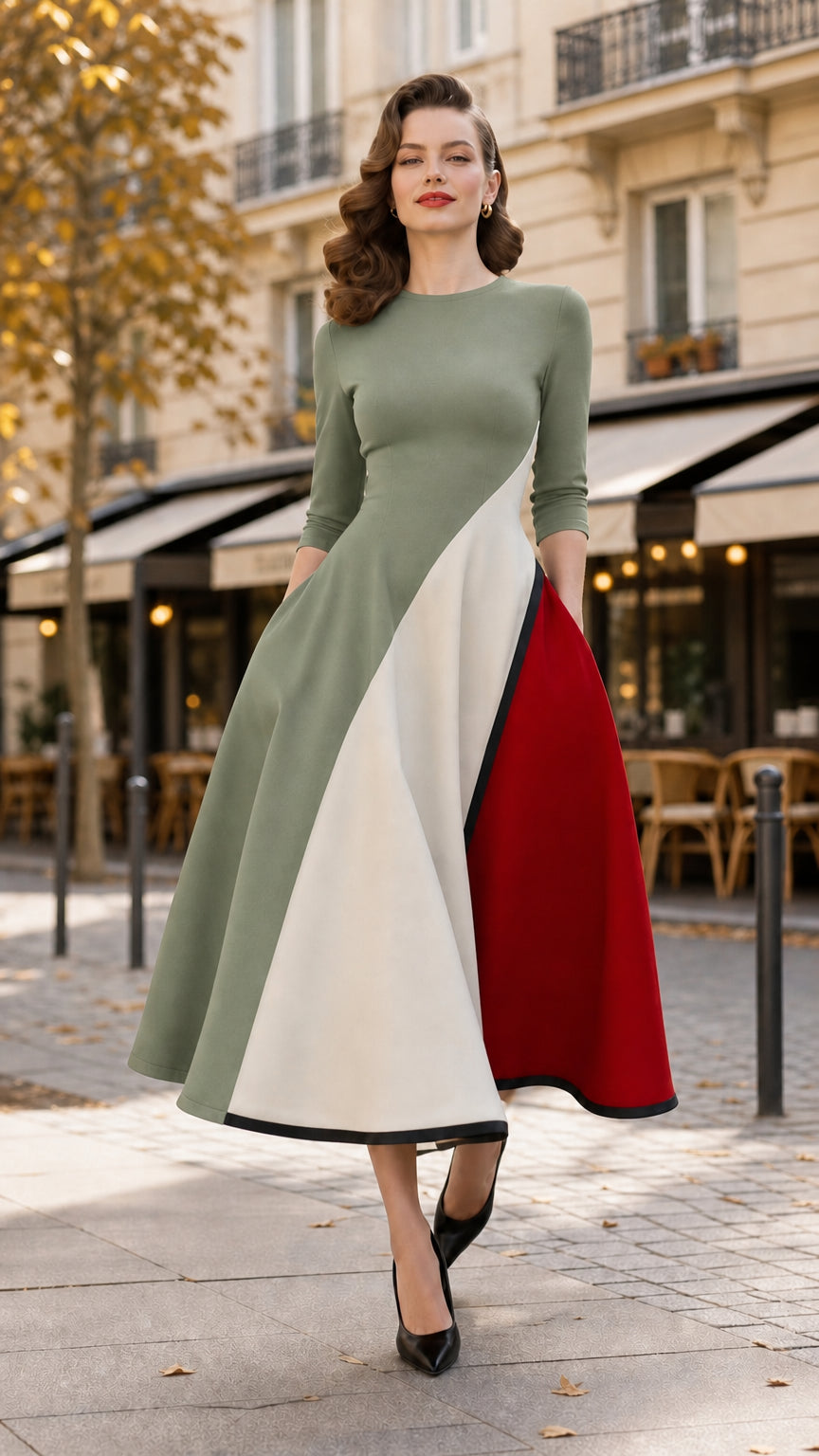 Woman wearing Sage Green colorblock A-line midi dress with cream and red panels