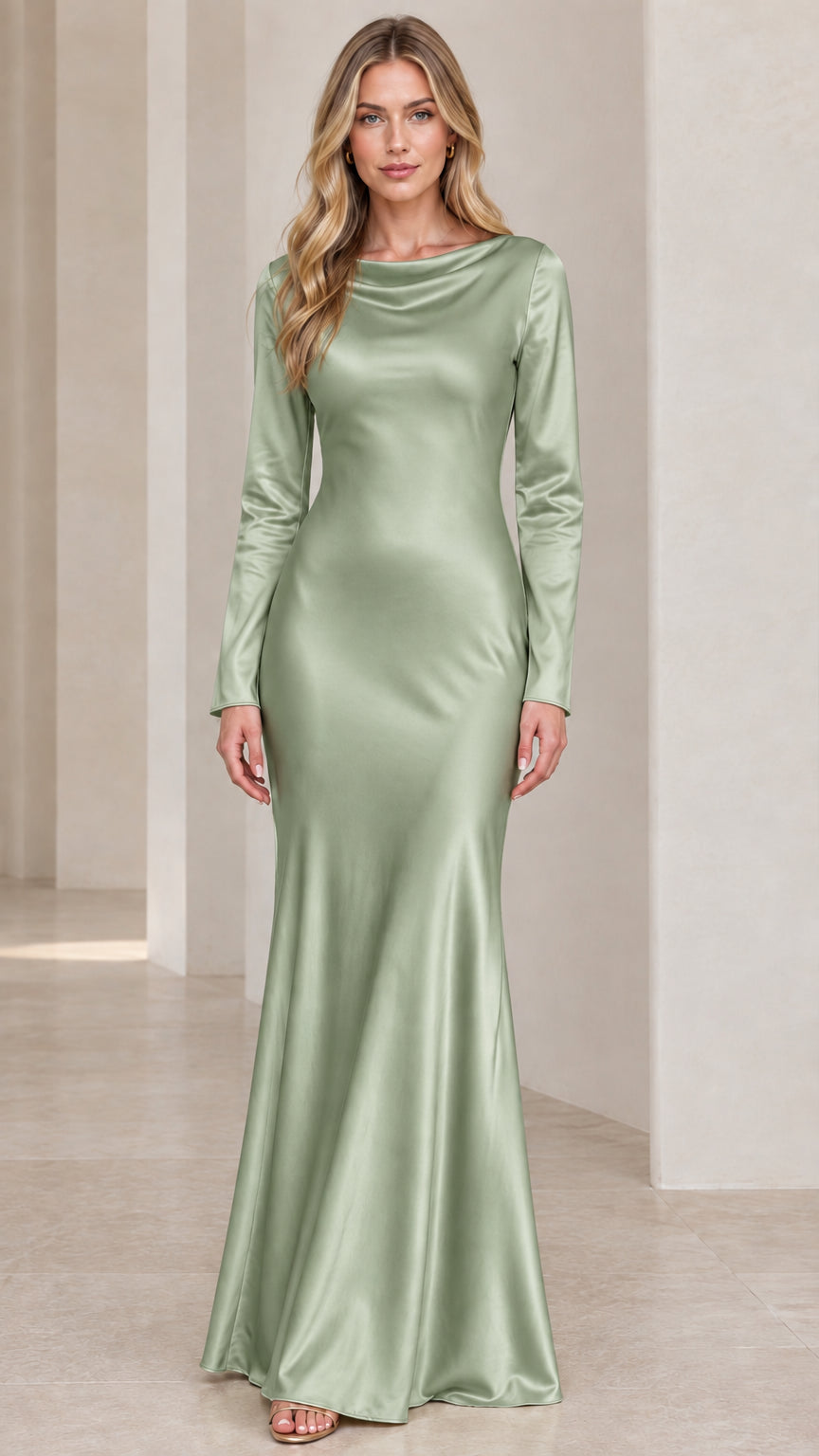 Front full-length view of model wearing sage green long sleeve satin maxi dress