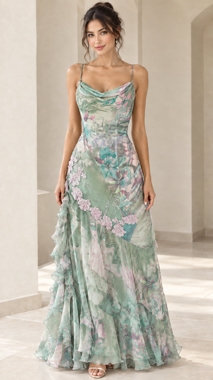 Front view of sage green floral print cowl neck maxi evening dress on model