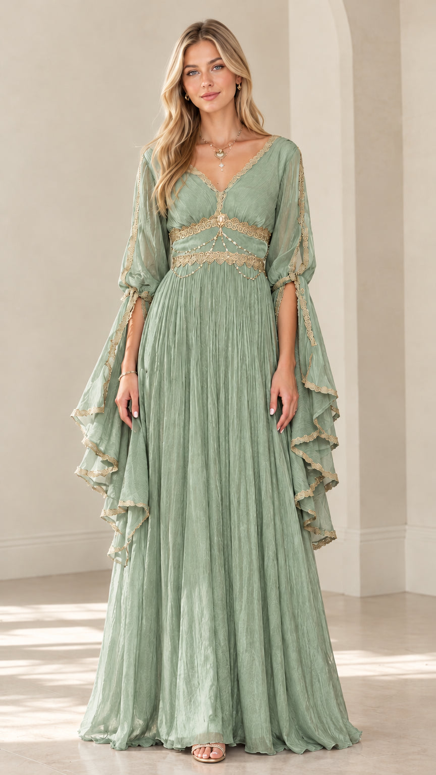 Front view of woman wearing Sage Green embroidered Renaissance dress