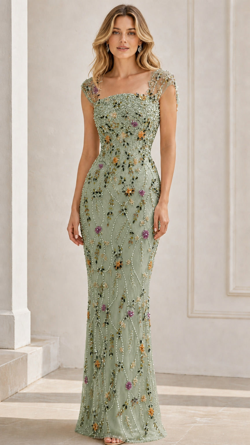 Front view of sage green floral embellished square neck formal gown