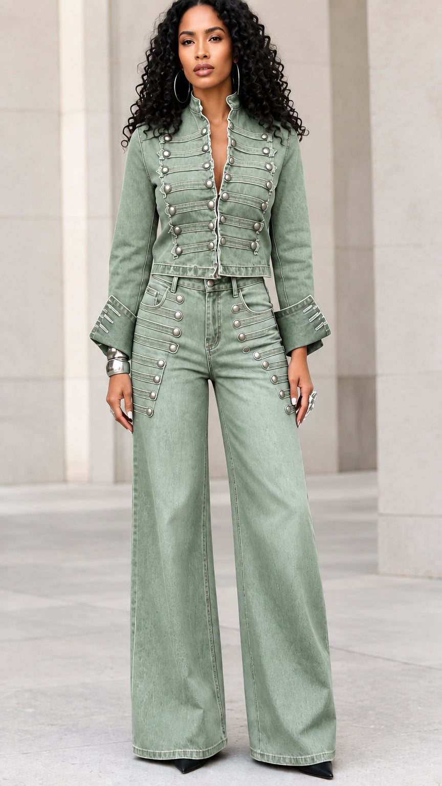 Model wearing sage green military cropped denim jacket and wide-leg pants set