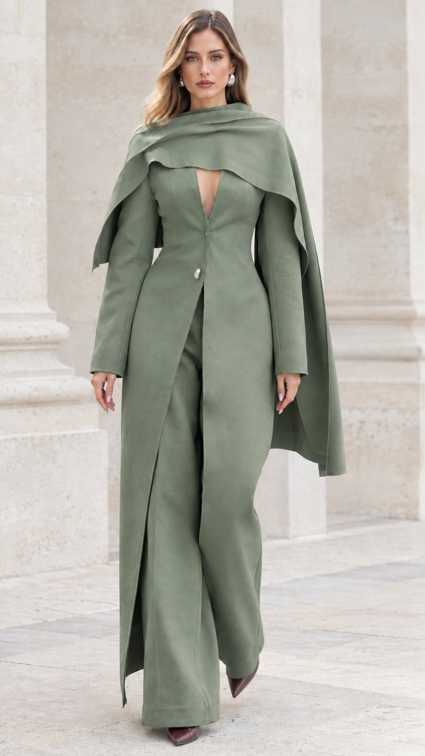 Full-body view of model wearing the sage green capelet maxi coat and trousers set