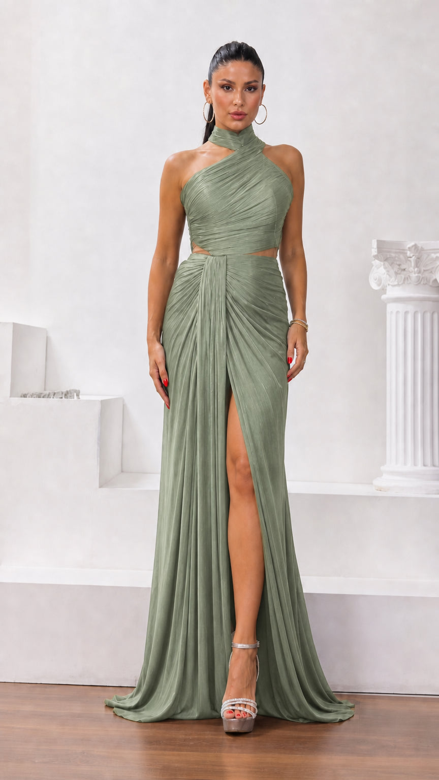 Sage green halter neck ruched maxi formal gown with leg slit
