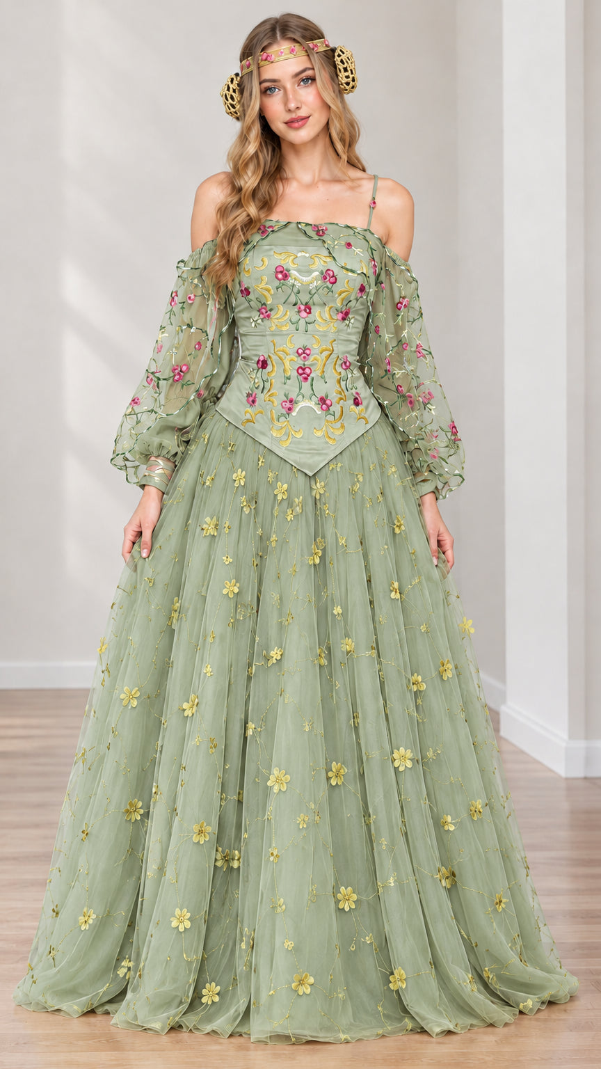 Full-length sage green medieval ballgown with delicate floral embroidery